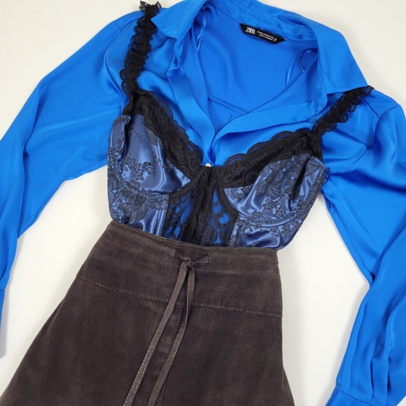 Vintage lace up corset black trim navy ruffle satin bustier top appliqué straps - Picture 4 of 9